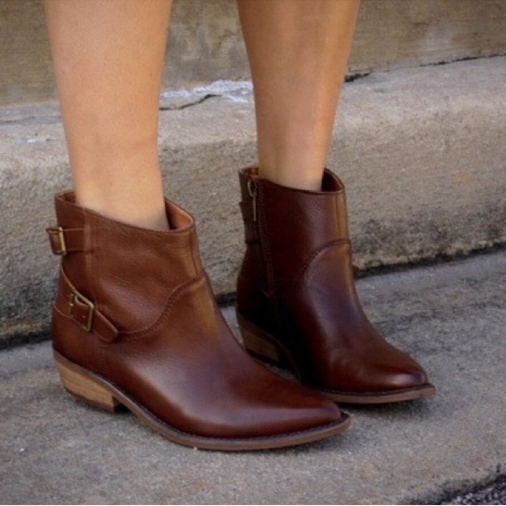 New! LUCKY BRAND Caelyn Western Moto Leather Ankle Booties in Cognac Brown - Picture 3 of 14